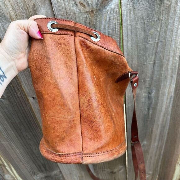 Vintage Handmade Leather Bucket Bag Brown Tassel Boho Chic Medium - Picture 8 of 10